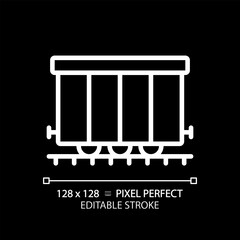 Cargo railroad carriage pixel perfect white linear icon for dark theme. Wagon train. Freight transport. Railway container. Thin line illustration. Isolated symbol for night mode. Editable stroke