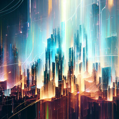 Experience the digital metropolis with 'The Digital Cityscape' stock photo, showcasing the interconnectivity of modern business and technology. Futuristic and abstract, with glowing data lines.