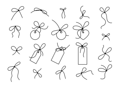 Bow on gift ribbon string and label tag vector linear icon. Black line art rope cord with knot and bow for holiday christmas package decoration.