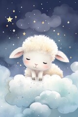 Sheep sleeping on a cloud on a starry night