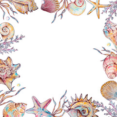 Square frame of watercolor seashells and underwater life elements