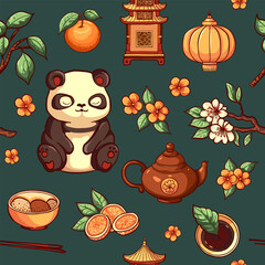 Cute panda with chinese culture items. Seamless pattern - asian lantern, oranges, tea, food, chopsticks, flowers. Character bear animal vector cartoon repeat background with China traditional elements