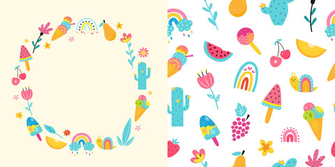Seamless pattern and frame with summer elements