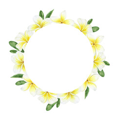 Fototapeta na wymiar Yellow plumeria flowers. Tropical exotic flowers. Watercolor round frame on a white background. For greeting cards, postcard, scrapbooking, packaging design