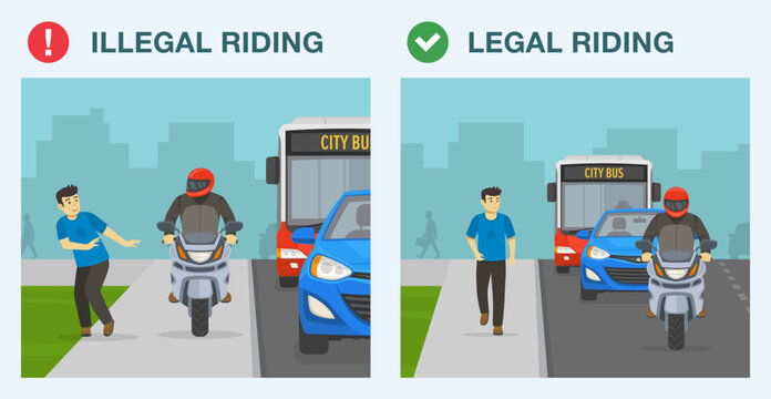 Legal and illegal moto riding. Motorcyclist rides on the sidewalk to avoid a traffic jam. Pedestrian about to be hit by moto rider. Flat vector illustration template.