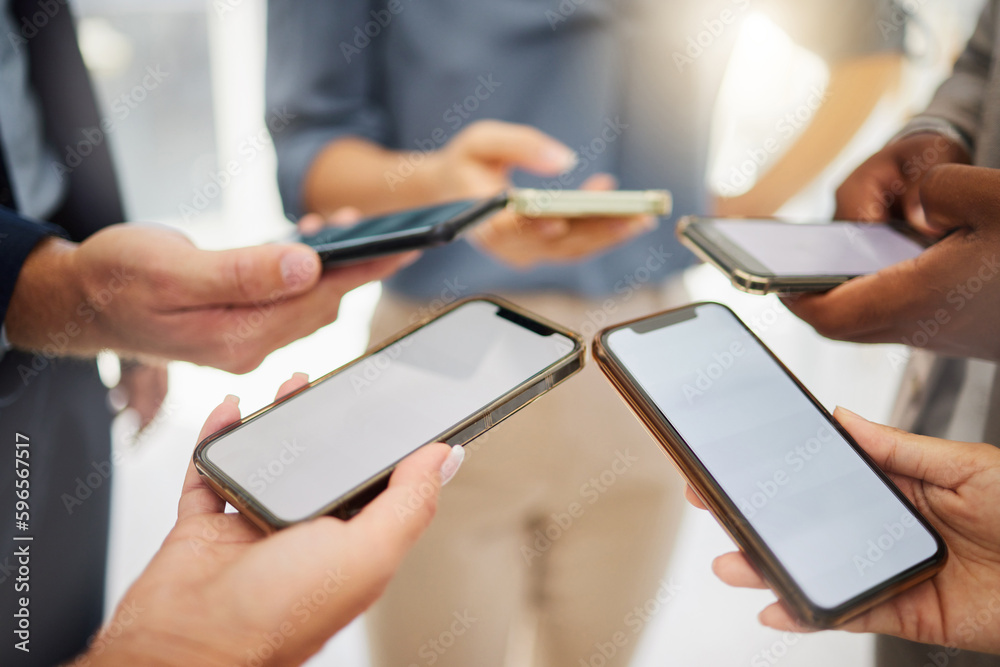 Poster Group, business people and blank phone screen for mockup space, mobile app and multimedia networking. Closeup hands of employees with smartphone technology, digital download and team sharing UI data