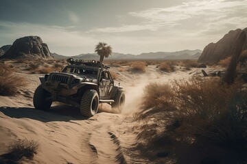 Bizarre off-road racer through desert landscape. Generative AI - obrazy, fototapety, plakaty
