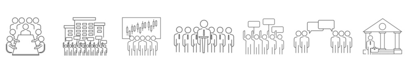 Set of people communication vector. Leader, Teamwork, protest, meeting, policy, bubble chat line icon. 