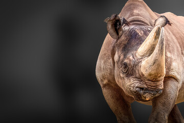 close-up of a rhino before a black background
