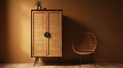 Antique vintage wooden cabinet with rattan door, furniture product background - Generative AI