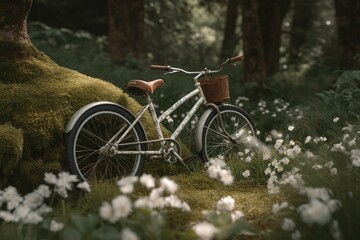 Fototapeta na wymiar A bike in a mossy wooded area with white flowers, surrounded by trees. Generative AI