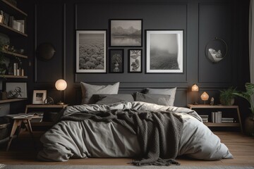 A cozy Nordic-inspired bedroom with gray walls, featuring poster mockups and illustrations. Generative AI