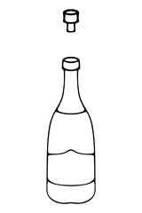Champagne in a bottle. Sketch. The cork flew out of a glass container with sparkling wine. Vector illustration. Outlines on an isolated background. Doodle style. Idea for web design.