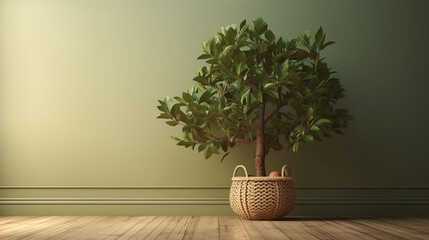 Clean, blank sage green wall with a tropical Indian fig tree in a rattan basket, furniture product background - Generative AI