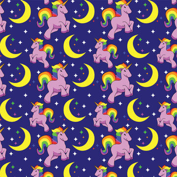Seamless pride pattern with unicorn design, Vector LGBT illustration, Moon, Modern background, Good for textiles, Wrapping paper