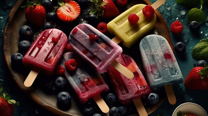 Ice cream popsicles with fruit, berries, ice, top view, flat lay. Summer dessert, frozen fruit - Generative AI