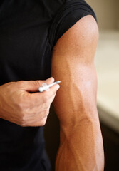 Hormone injection, steroids and an arm with medicine for health, training and energy for exercise....
