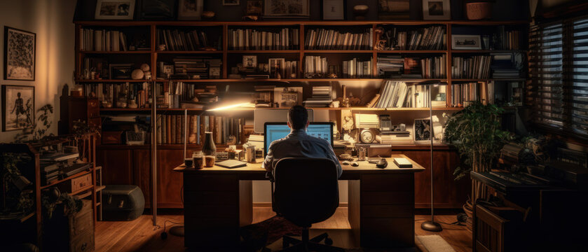 Cozy and well-organized home office with a man working diligently, generative ai