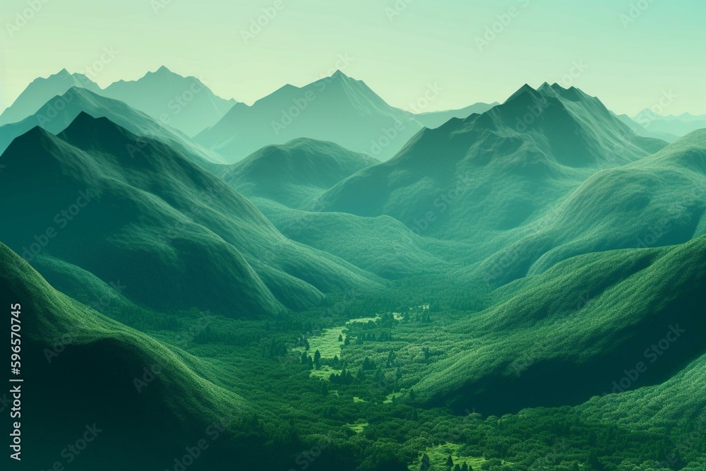 Wall mural Green abstract landscape illustration with hills and mountains. Organic, ecological nature background. Generative AI