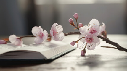 Cherry blossoms resting on an open book.Generative Ai