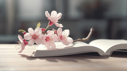 Cherry blossoms resting on an open book.Generative Ai