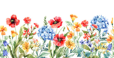 Seamless border with watercolor wild flowers. Poppies, bluebells, hydrangea, carnations, eschscholzia - seamless horizontal background.