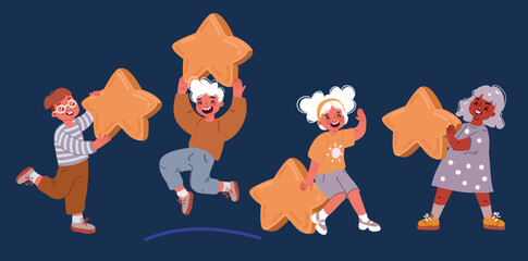 Cartoon vector illustration of kids hold stars. Boys and girls