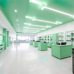 Fototapeta na wymiar Large Open Floor Plan Marijuana Dispensary With Tall Ceilings and Great Lighting