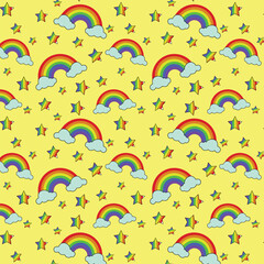 Rainbow clouds seamless vector pattern, Upbeat multicolor stars background, Good for wrapping paper, Pride wallpaper, Against homosexuality