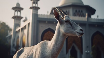 Close up detail goat with mosque background. Eid al adha Mubarak moslem celebrate day