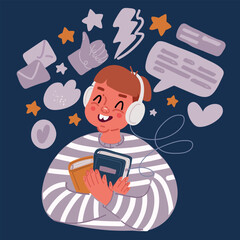Cartoon vector illustration of kid in headphones listening to music, podcast, audio