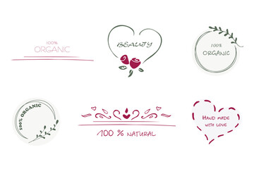 Labels icons set, beauty label, 100 percent organic icon, hand made with love and 100 percent natural icon, vector illustration