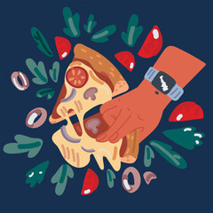 Cartoon vector illustration of hand hold pizza slice and drinks. Party with fast food, fresh italian pizzeria