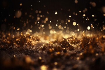 Golden glitter particles on a dark backdrop with shiny bokeh lights and metallic texture. Festive decoration for luxury party and celebration. AI Generative.