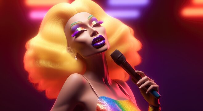Fictional Drag Queen with orange wig lip syncing with a microphone in her hands: Man dressed up as a woman on vibrantly colored background, created with generative ai