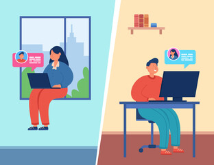 Man and woman talking online via gadgets vector illustration. Drawing of girl with laptop and male character with computer chatting. Online or digital communication, friendship, technology concept