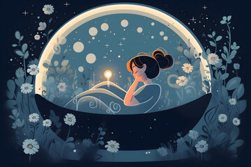 girl woman in the bathtub under the moon is resting card for Mother's Day