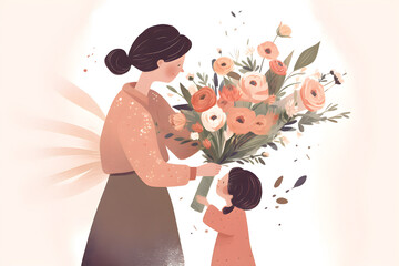 A child gives his mother flowers on Mother's Day card