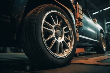 Fototapeta na wymiar Car wheel at repair shop exudes industrial and mechanical vibes, reminiscent of automotive maintenance and transportation. Generative AI