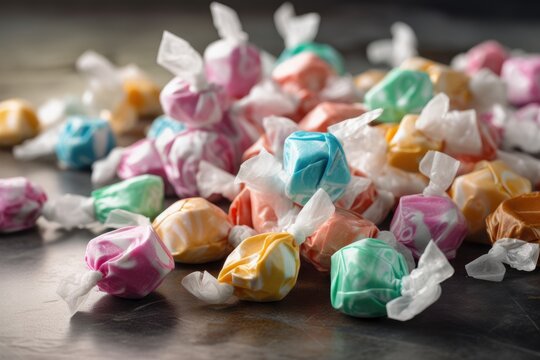 Taffies, colorful candies on a black background. Selective focus. National Taffies day banner, created with generative ai