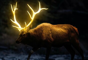 Bull elk crossing a river on a dark background with horn glowing wallpaper HD 4K