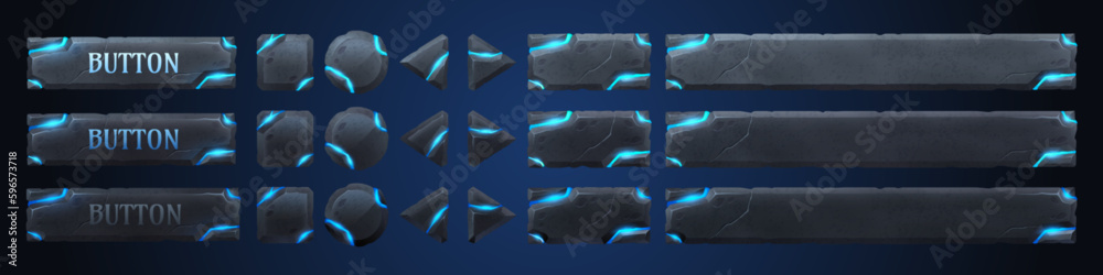 Poster stone and blue crack neon light game button sprite ui interface icon set. fantasy magic title frame 