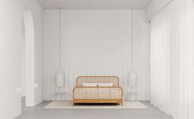 Modern white bedroom interior with wicker wooden bed, hanging lamps made of ceramics as decoration, bedside table, concrete floor. White arched door. Decorative plaster panel behind the bed. 3d render