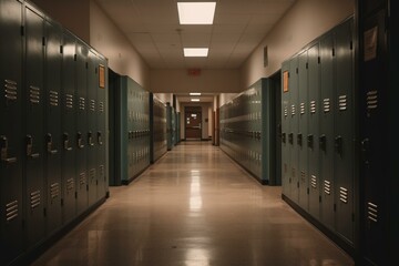 Empty high school hallway with lockers. Generative AI