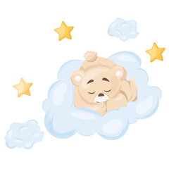 Cute little teddy bear on a transparent background, sleeping on an air cloud, vector illustration, children's fashion, children's graphics for wallpapers and prints. Cartoon vector illustration.