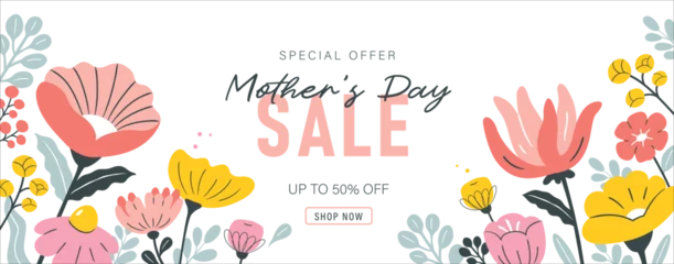 Gardinen Mother's day sale banner, poster, background design with beautiful blossom flowers. © littleWhale