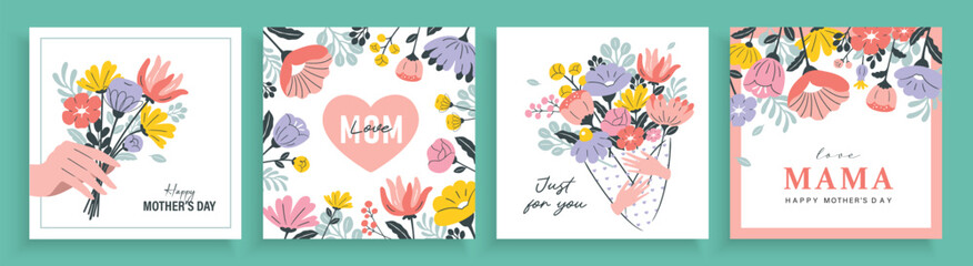 Set of Mother's day greeting cards with beautiful blossom flowers.