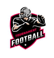 Logo, emblem with an American football player and the inscription Football tournament. Vector illustration.