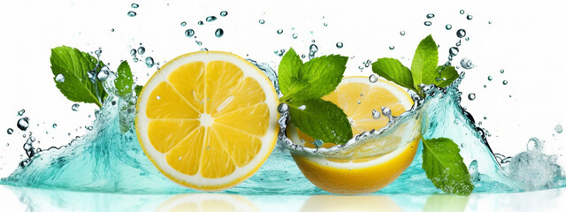 lemon, lemonade with splashes of water on a white background. Generative AI