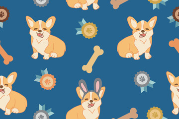 Seamless pattern with cartoon Corgi dog pattern and medals. Vector illustration